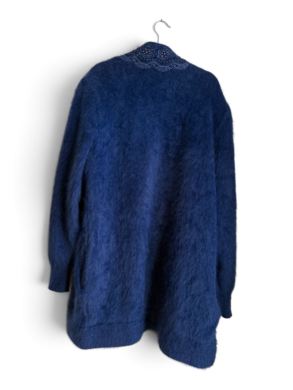 Vintage 80s Rosa Surk Young Cobalt Blue Angora Beaded Long Cardigan | Free Size - Picture 3 of 12